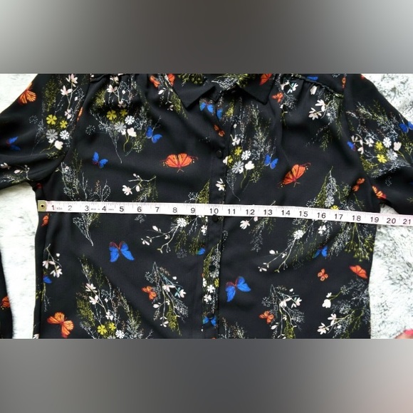 Worthington Women Black Multi Butterflies Flowers Long Sleeve Shirt Blouse, Sz S - Picture 5 of 7